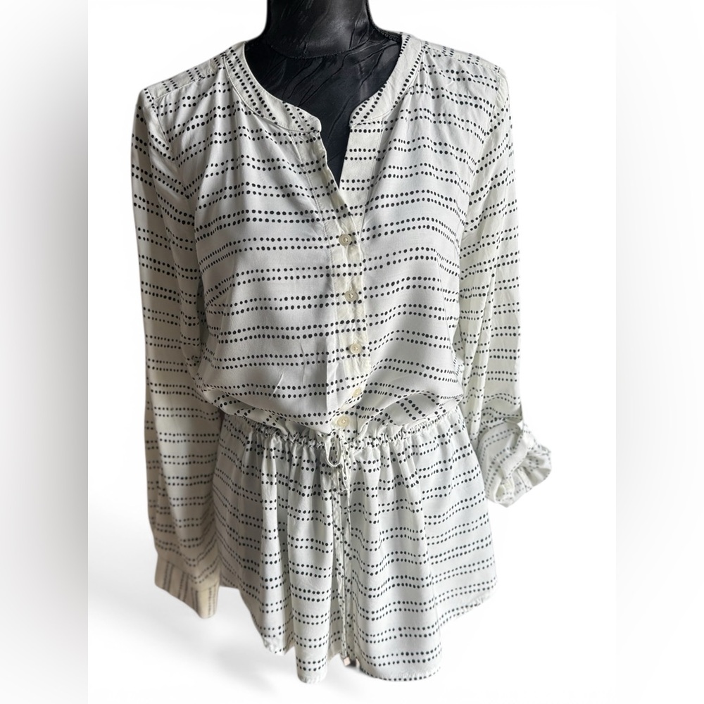 Talbots White Black Dot Print Blouse Size Small Peplum Waist Tie Lightweight Top - Picture 2 of 10